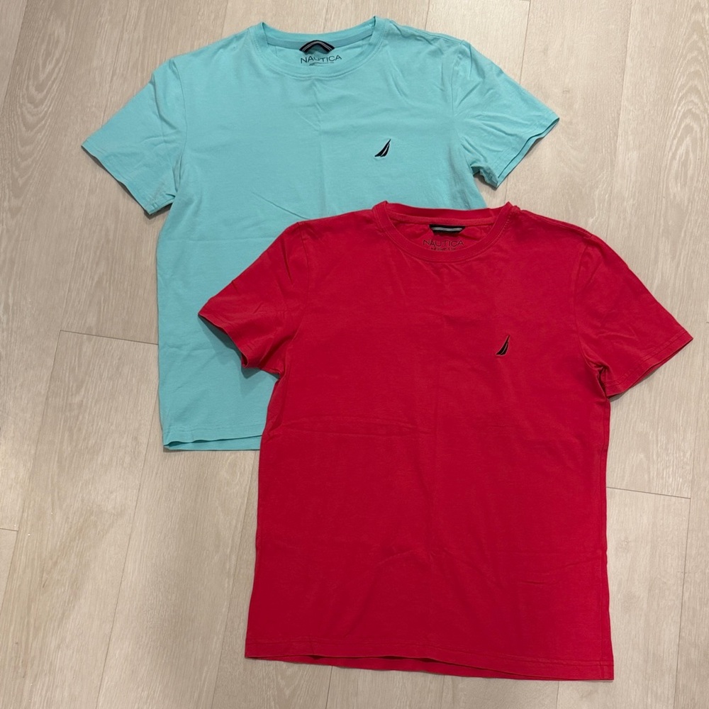 Lot Of Two Nautica Men's Red and Aqua Short Sleeve Tees